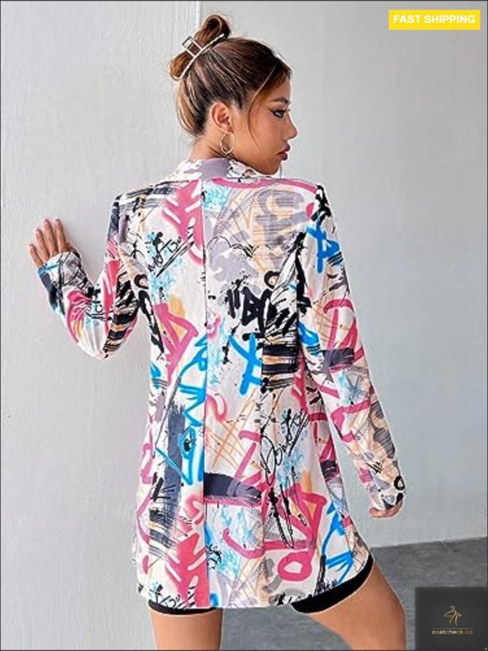 Plus Size Lapel Collar Open Front Graffiti Graphic Button Blazer Jacket - Picture 2 of 6
